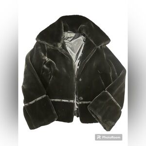 Regent Park Black Faux Fur Beaded Jacket Hook Closure Vintage Glam Coat